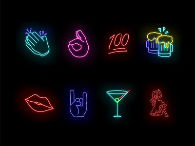 Neon Emoji Set 100 emoji cheers clap dance design drinks emoji emoji set flat graphic graphicdesign illustration kiss martini minimal neon neon sign vector weekend weekend mood