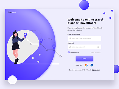 Login form concept for the travel planner web app TravelBoard