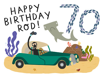 Happy 70th Birthday Card birthday card bright colours cartoon fish illustration photography photoshop riley riley car shark underwater