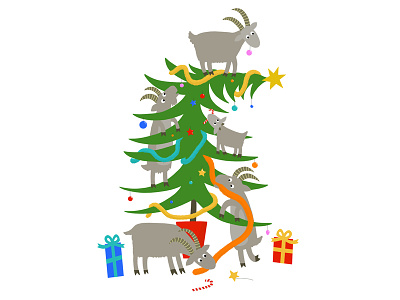 Goats in the (Christmas) tree cartoon character christmas colourful digital digital art goat goats hand drawn illustration