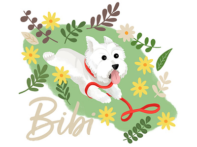 Pet Portrait - Bibi the Westie animal art cartoon character cute animal cute art design digital dog dog art drawing flowers illustration illustration leaves pet print