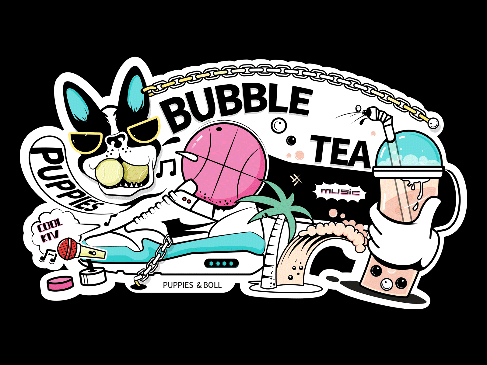 bubble tea bboom bubble tea coconut tree dog glasses gold chain illustration mic note puppy shose skids