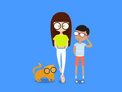 Glasses girl boy cat illustration