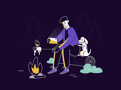 Movie night 2d art camping character cozy dark dog fire illustration illustrations marshmallow movies wood