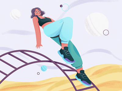 Levitation 2d art character girl gravity green illustration illustrator purple sneakers sport woman