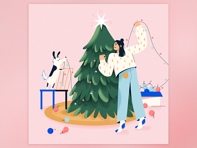 Together on Holidays card character characterdesign christmas christmas tree dog festive flat illustration girl holiday illustration vector