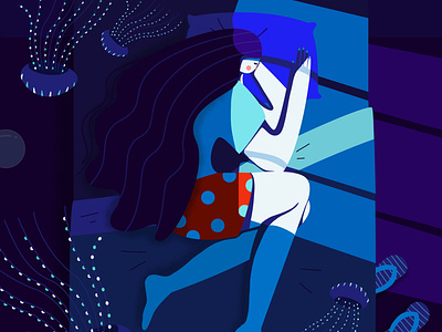 The unexpected guest 🌊 bed character character design dark flat girl hair illustration illustrator jellyfish night sleep sleeper window
