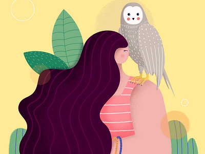 Owl you need is love 🦉💚❤️ animal bird character design flat girl happy illustrator love nature owl photoshop stylized yellow