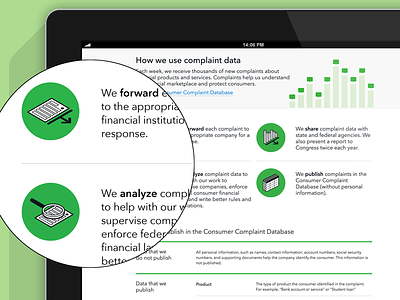 CFPB - How we use complaint data cfpb chart consumers data documents government icons illustration