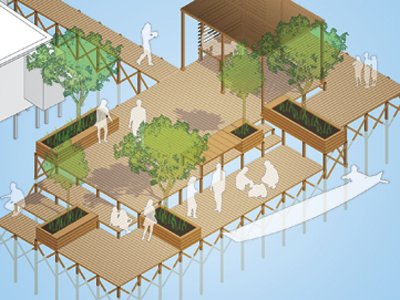 Firm Foundation Site Design axon axonometric boardwalk boat design dock illustration indonesia trees urban planning wood