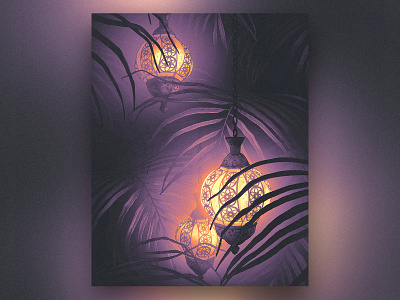 Moroccan Nights ll art artprint canvas drawing grain illustration jungle lamp light luminance moroccan mystic night orange plants poster print purple texture
