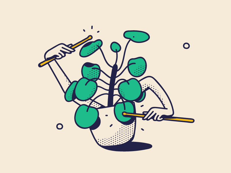 Pilea Rock rock leaves branding line art dotted drawing event festival beat green arms pilea peperomioides chinese money plant play drums music plants illustration pilea plant