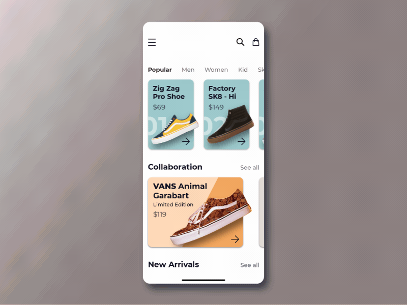 Shoes App app app design application fashion garabart mobile onlineshop product shoe shoes shoes app sketch ui uidesign ux vans