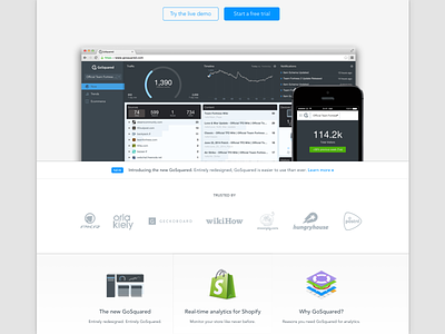 The new GoSquared Home Page analytics gosquared home homepage page redesign shopfiy used by