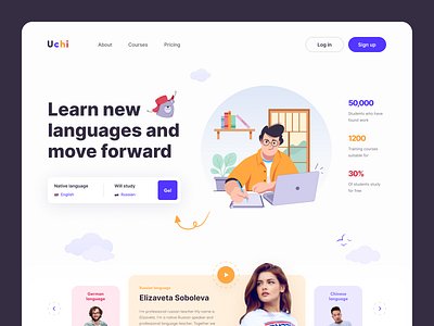 Uchi - Language school clean colors course design illustration landing page languages online school smart ux web