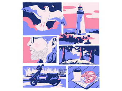 Aptos, California aptos california coffee colorpalette croissant design doodle drawing flat graphic illustration lighthouse man minimal moped redwoods sculpture seagull