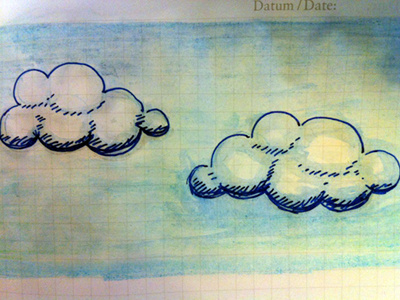 Watercolour and ink clouds blue clouds green ink paper watercolour