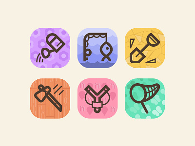 Tool Icons animal crossing axe fishing rod icon icons illustration net nintendo nook pattern shovel slingshot vector watering can