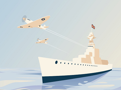 Fly-by armed forces boat fighter icon illustration military minimal navy plane ship spitfire