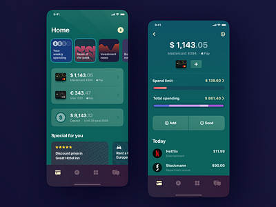 Banking App bank banking card clean concept dark theme green ios ios app mobile product product design stories