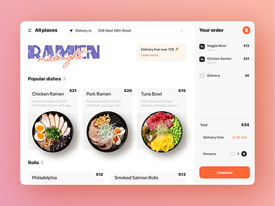 Food Delivery Marketplace buy cart checkout clean concept dish ecommerce food delivery marketplace menu product design ramen