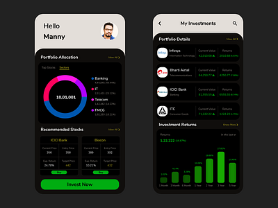 Stock Market Investment App (Dark Mode) app design color dark mode dark theme fintech investment app mobile design typography ui user experience user interface ux uxui
