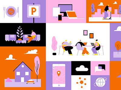 Orange business services - working environment animation design flat illustration