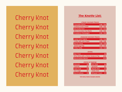 Cherry Knot Menu adobe adobe live adobe live challenge alcohol business card cherry ice cream liquor minimal orange pink red