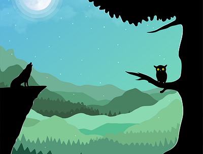 Landscape Illustration animal design flat hills illustration moon owl stars tree wolf