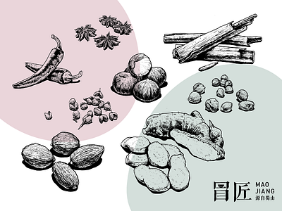 Branding maojiang badge branding chillies design garlic ginger graphic icon illustration logo sketch spice