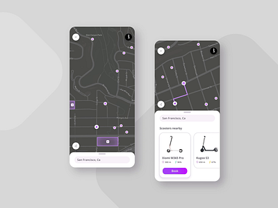 Scooter rental app android app dark app dark ui design dribbble ios maps mobile rental scooter ui ux vector