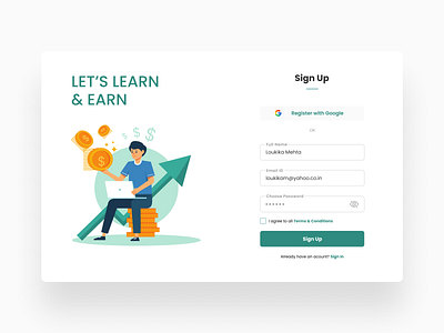 Sign Up page - Learn n Earn branding business design education finance learning minimal ui ui ux ux design vector web web design website