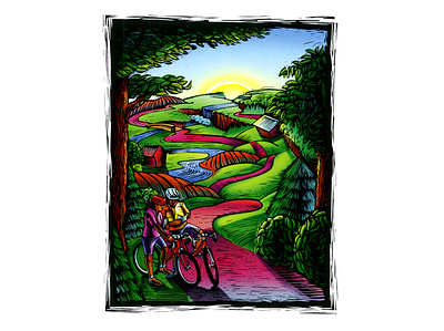 Bike Trip Minnesota illustration scratchboard