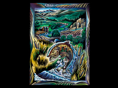 San Joaquin River System illustration scratchboard