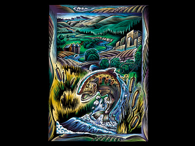 San Joaquin River System illustration scratchboard