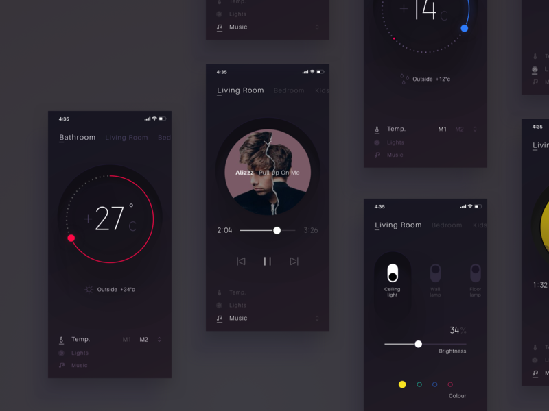 Home Smart iOS App ai android app application bathroom cold color ios ios app iphone lights mobile music outside room smart home sounds temperature ui warm