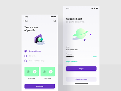 Onboarding screens app camera create an account emial forgot password id card illustration ios iphone login minimal mobile onboarding screens password planet rocket rocket logo signup ui welcome page