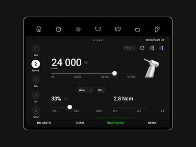 Dark theme - iPad app for dentists to control a chair anatomical easy to use android dental care dental chair dentist diplomat dental easy to use instrument intuitive control system ios ipad ipad pro main screen medical medicine negatoscope tablet app tooth touch water bowl