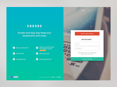 Sqoobe - simple landing page bookmark landing page links note page share sign up