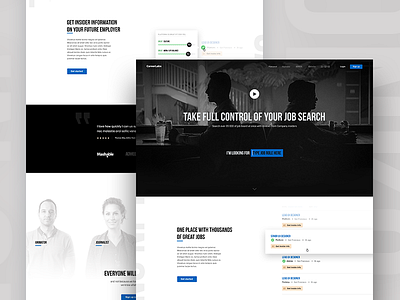 Black & White landing page for job site black career filter hero job roles jobs landing page location search site testimonial video