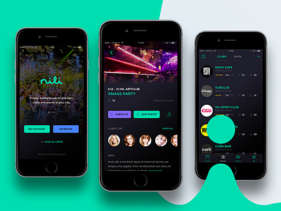 nili iOS app - bars & clubs application bars clubs detail page events friends ios listing map place splash welcome screen