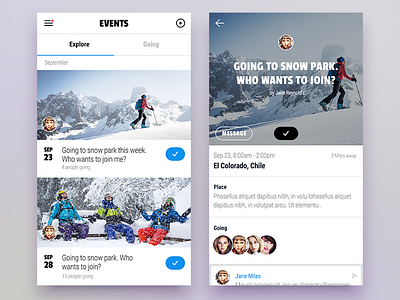 Event screen - mobile application app calendar chile date event explore going ios mobile ski snowboard winter