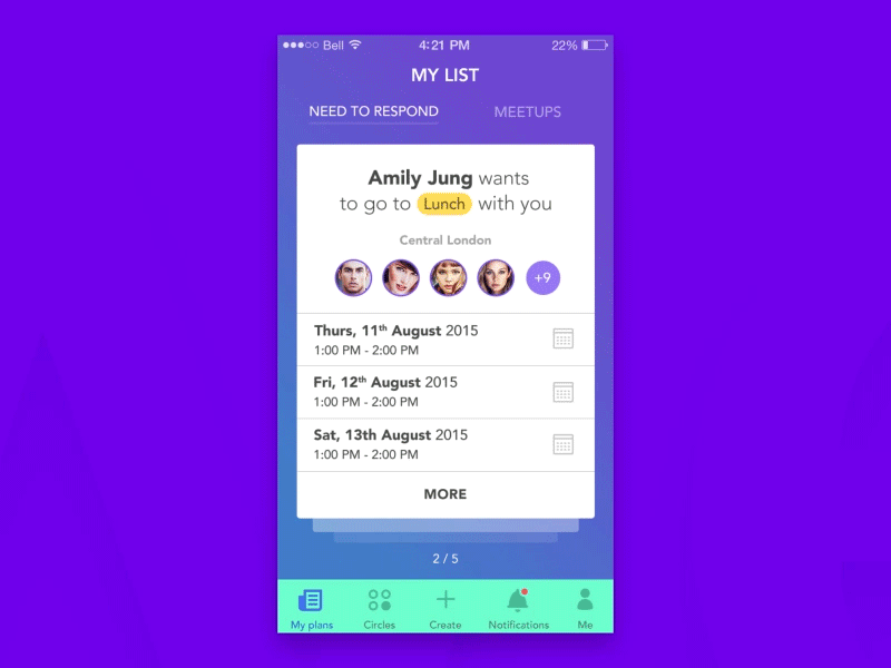 My list Screen - ios mobile application animation app bright cards date list lunch meet meetup plans time