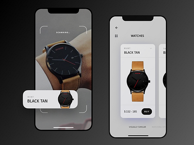AR - Concept app (watches) app application ar artificial intelligence black brand buy camera concept design device figma ios iphonex minimal mobile mvmt scanning shopping watches