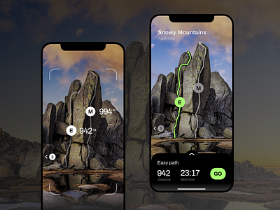 AR - Concept app (Rock Climbing) app concept ar artificial intelligence design distance iphone iphone x mobile nature path rock rock climbing route screen sport start strava travel ui ux