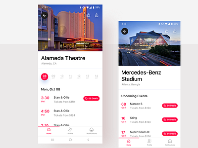 Upcoming events with deals / Mobile app / Android version android app buy date deal events game home minimal mobile nfl nhl price schedule simple stadium theatre ticket ui ux
