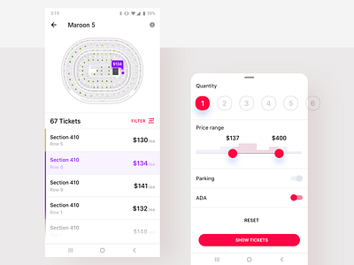 Event App - Find a Ticket android app buy a ticket concert filter minimal mobile mobile design parking price range quantity samsung seat seatchart seating ticket ticket app ui