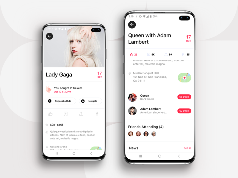 Event App - Actor / Singer / Android android app design app design application attending date deals friends lady gaga like mobile app design navigate news request a ride samsung galaxy s10 simple clean interface singer ticket time uber ui ux