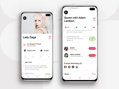 Event App - Actor / Singer / Android android app design app design application attending date deals friends lady gaga like mobile app design navigate news request a ride samsung galaxy s10 simple clean interface singer ticket time uber ui ux