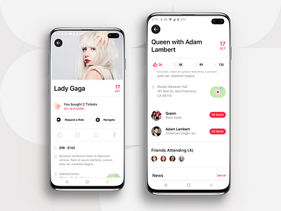 Event App - Actor / Singer / Android android app design app design application attending date deals friends lady gaga like mobile app design navigate news request a ride samsung galaxy s10 simple clean interface singer ticket time uber ui ux